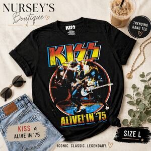 KISS Alive In '75 Graphic Tee Black Rock Band Shirt Size Large L NWOT